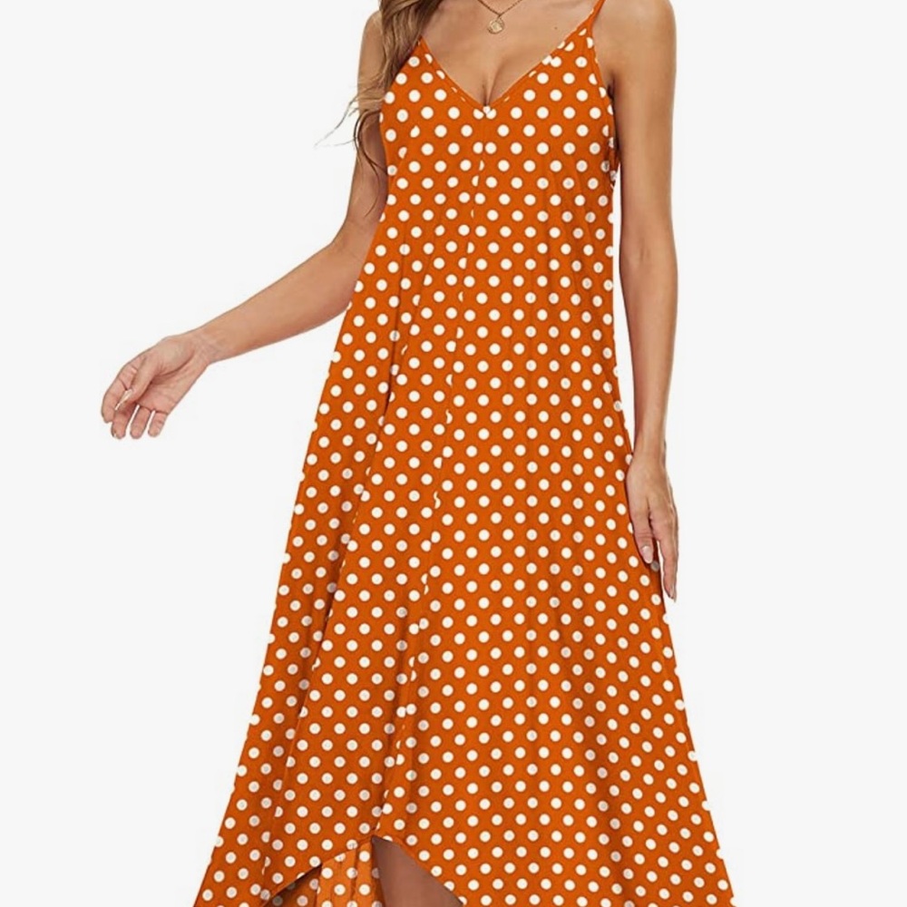 LILBETTER Women V-Neck Polka Dot Print Spaghetti Strap boho long maxi dress